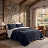 Stonewashed Cotton Velvet Quilt Set - Navy