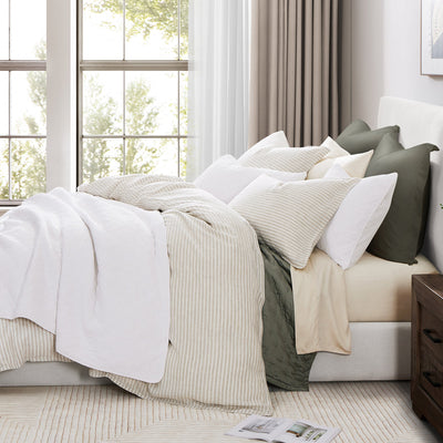 100% European Flax Linen Railroad Stripe Duvet Cover Set