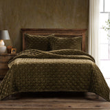 Stella Faux Silk Velvet Quilt Set in Green Ocher Color from HiEnd Accents