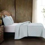 Stella Faux Silk Velvet Quilt Set in Icy Blue Color in side view from HiEnd Accents