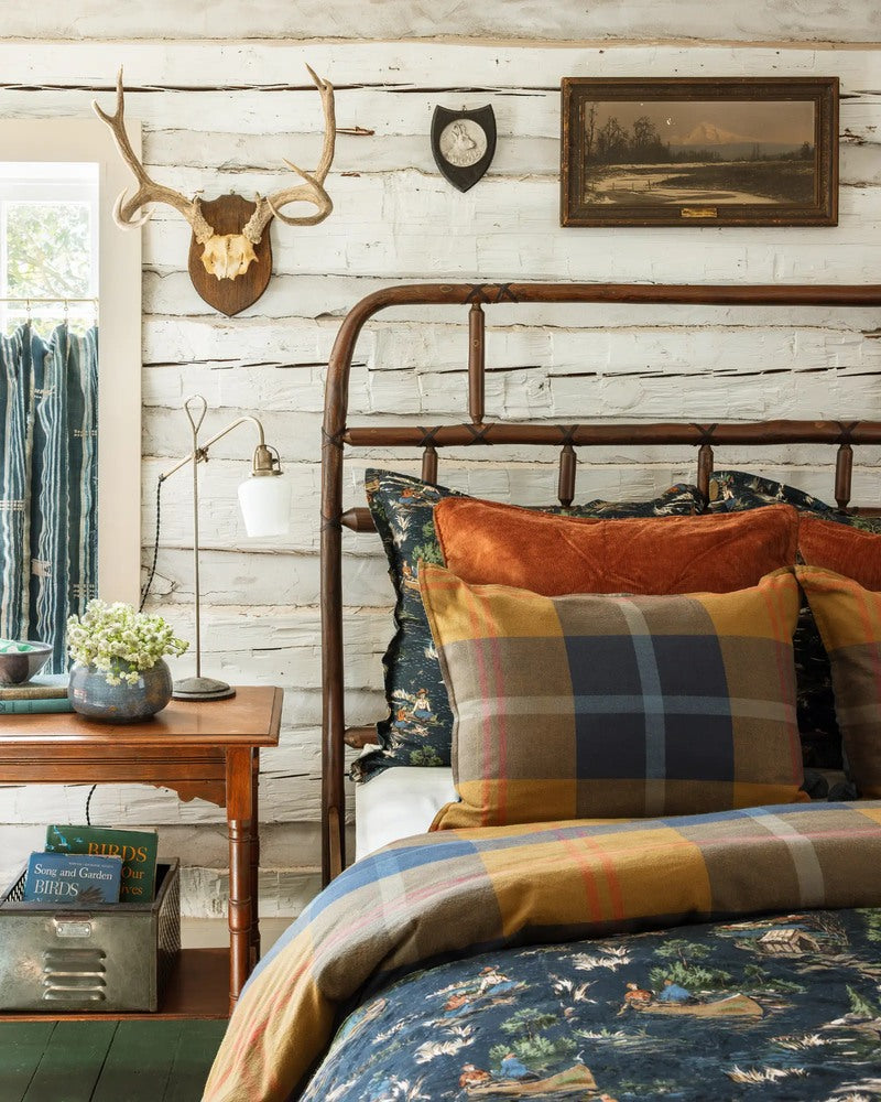 The prize: an Old Hickory Roundup bed made up in Max Humphrey for Paseo Road bedding, Pacific Plaid over Camping Toile
