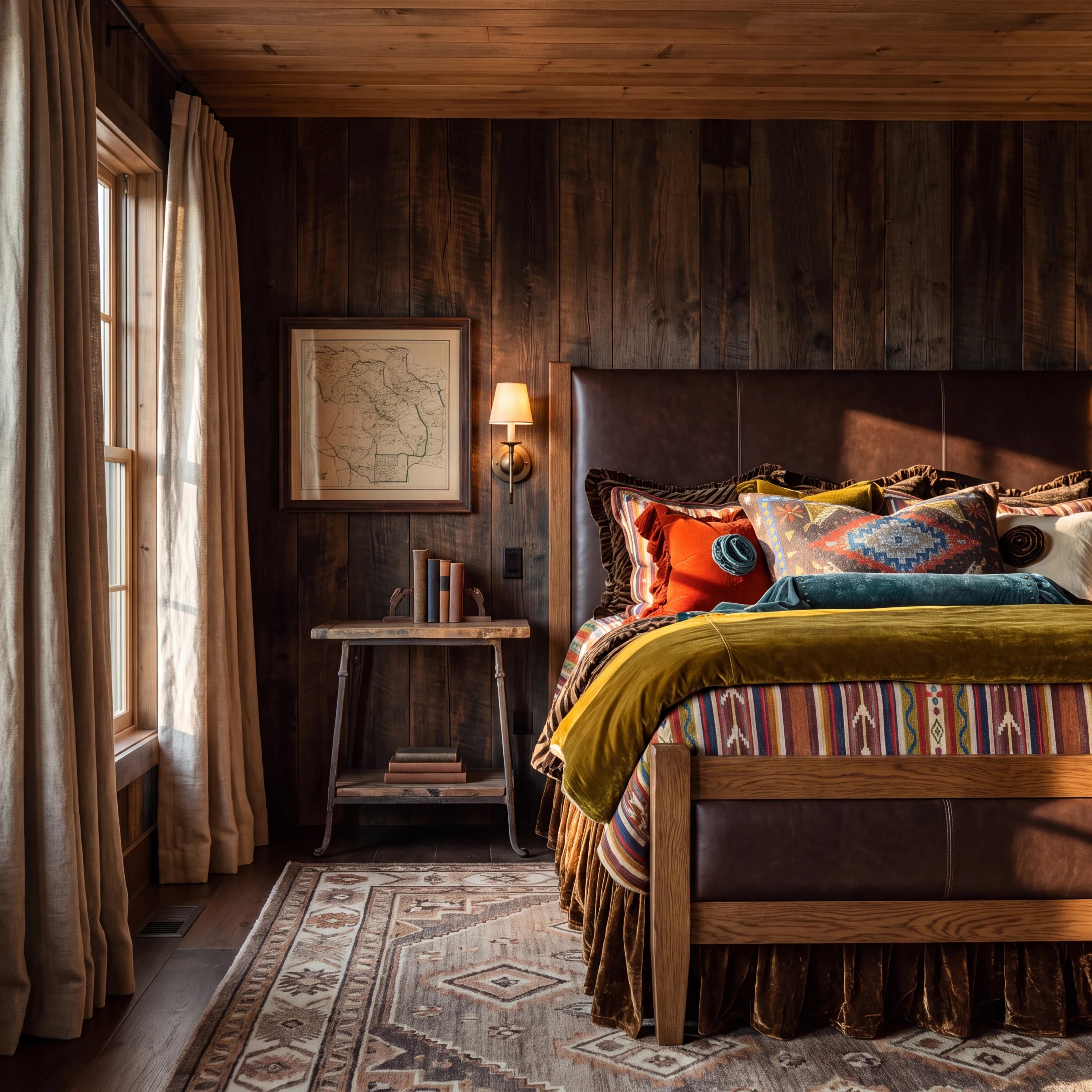 Moon Rein for Paseo Road velvet bedding in a warm wood-paneled bedroom